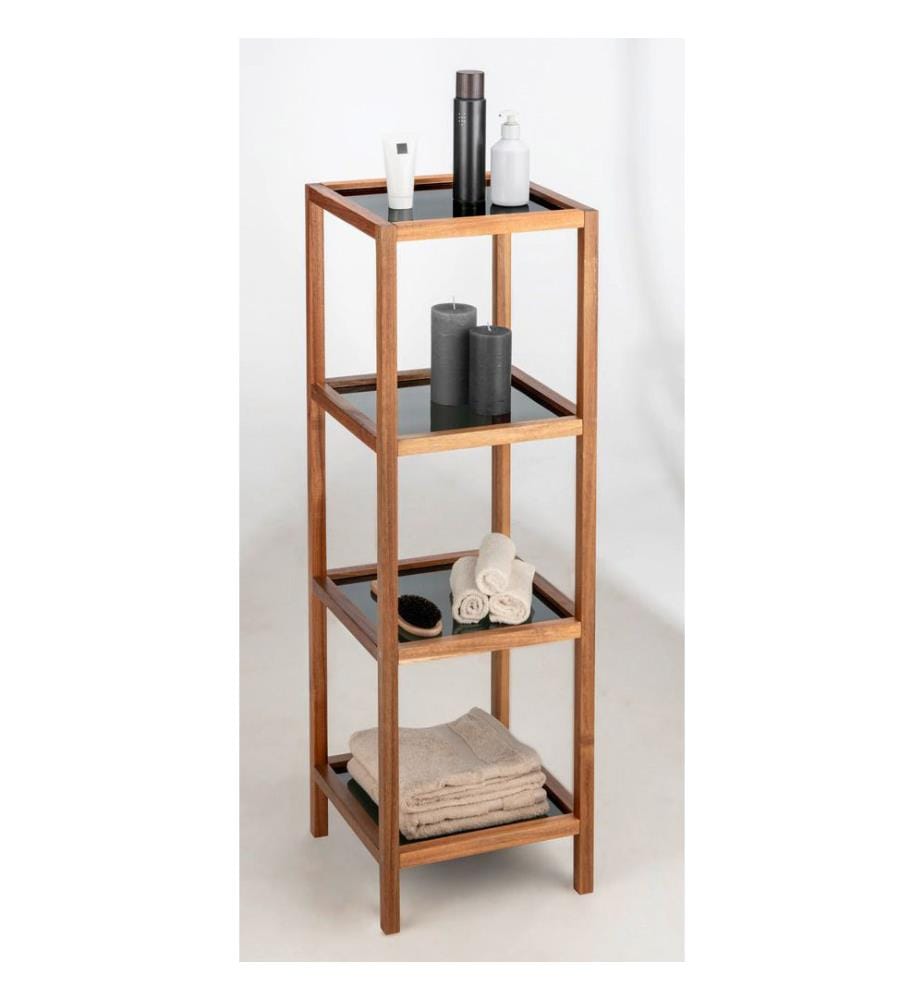 Bathroom & living room shelf Fondi, 4 shelves made of acacia wood - brown and black
