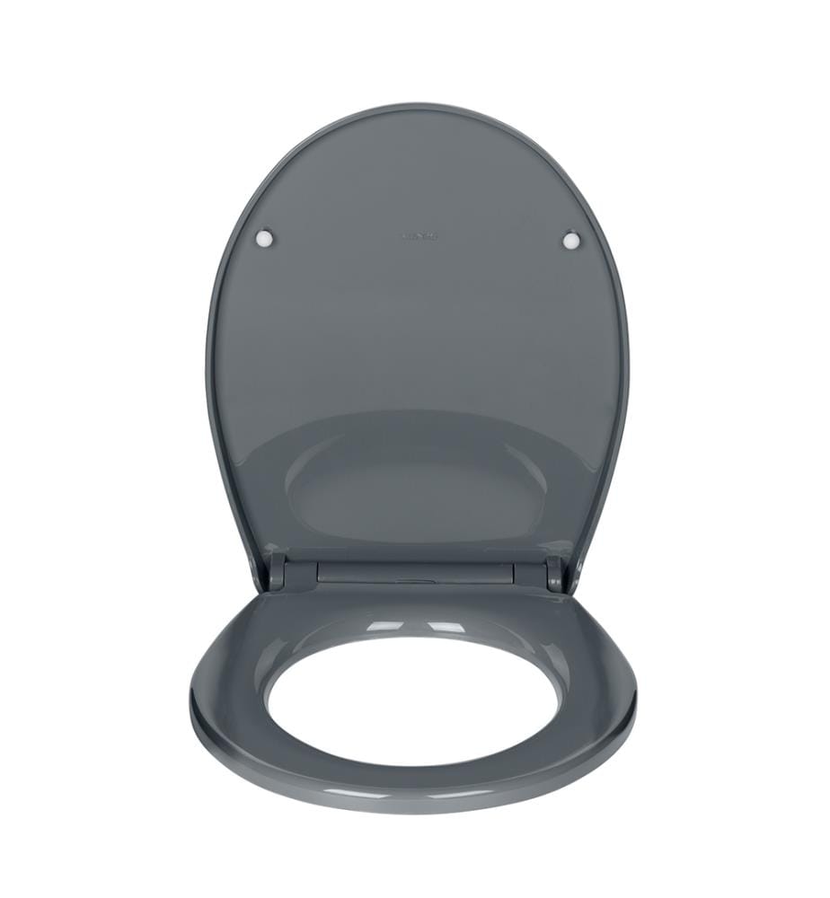 Sedile per WC Mod. Ostuni, grigio, in termoplastica, Easy Close, 37x44,5 cm, include tampone a muro per stabilità