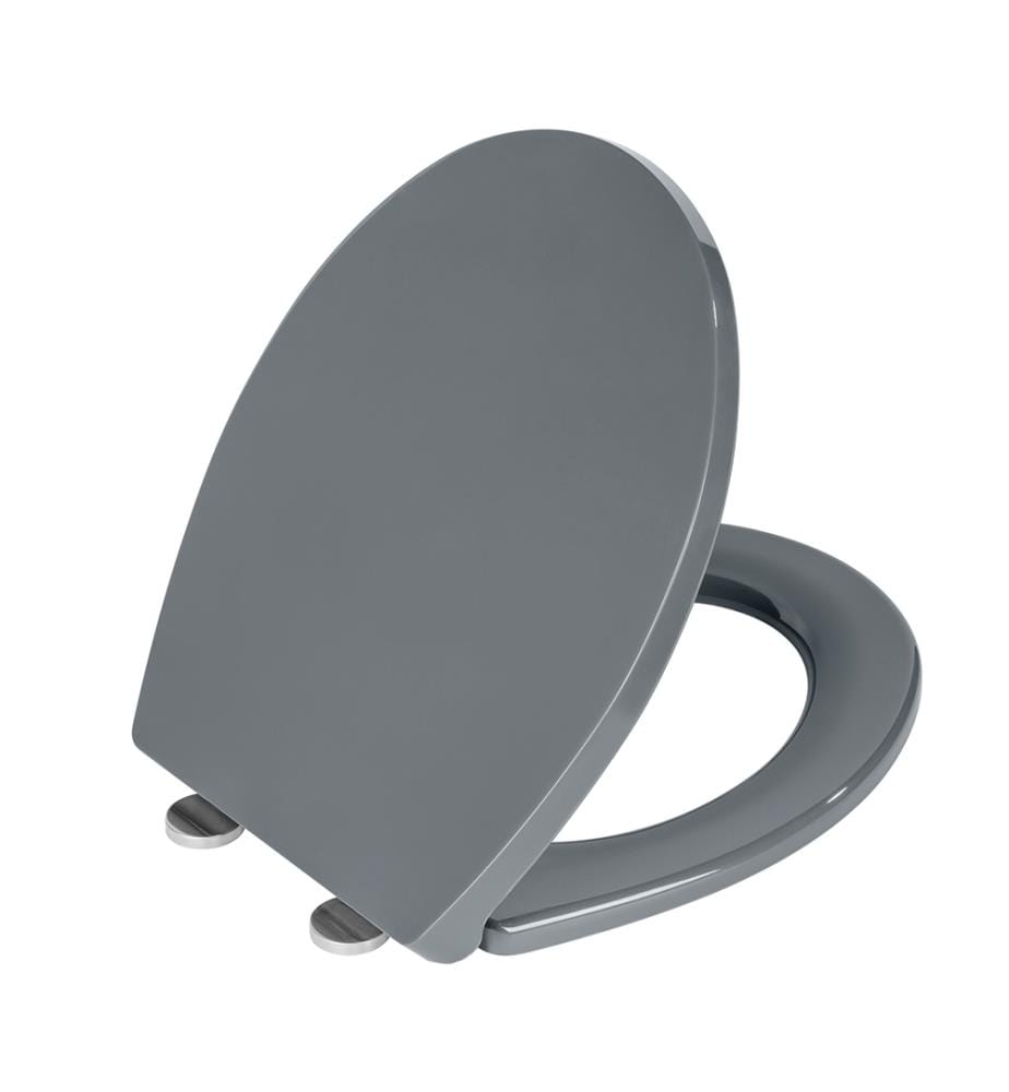 Sedile per WC Mod. Ostuni, grigio, in termoplastica, Easy Close, 37x44,5 cm, include tampone a muro per stabilità