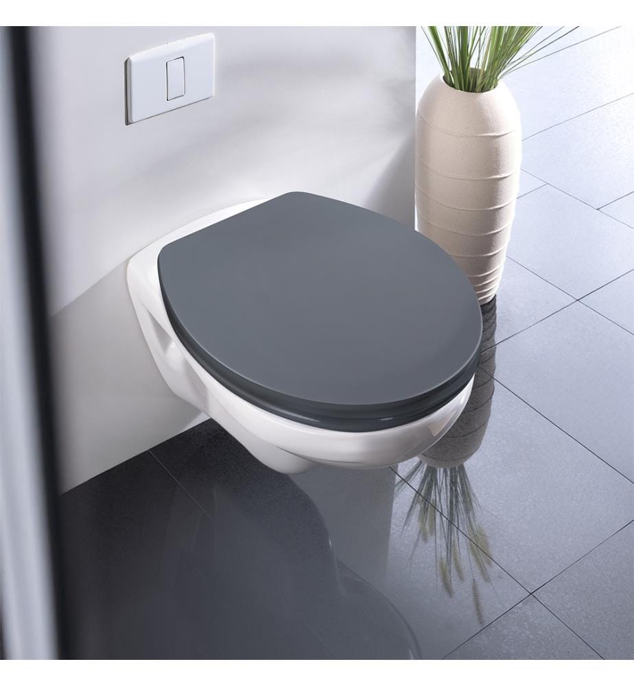 Sedile per WC Mod. Ostuni, grigio, in termoplastica, Easy Close, 37x44,5 cm, include tampone a muro per stabilità