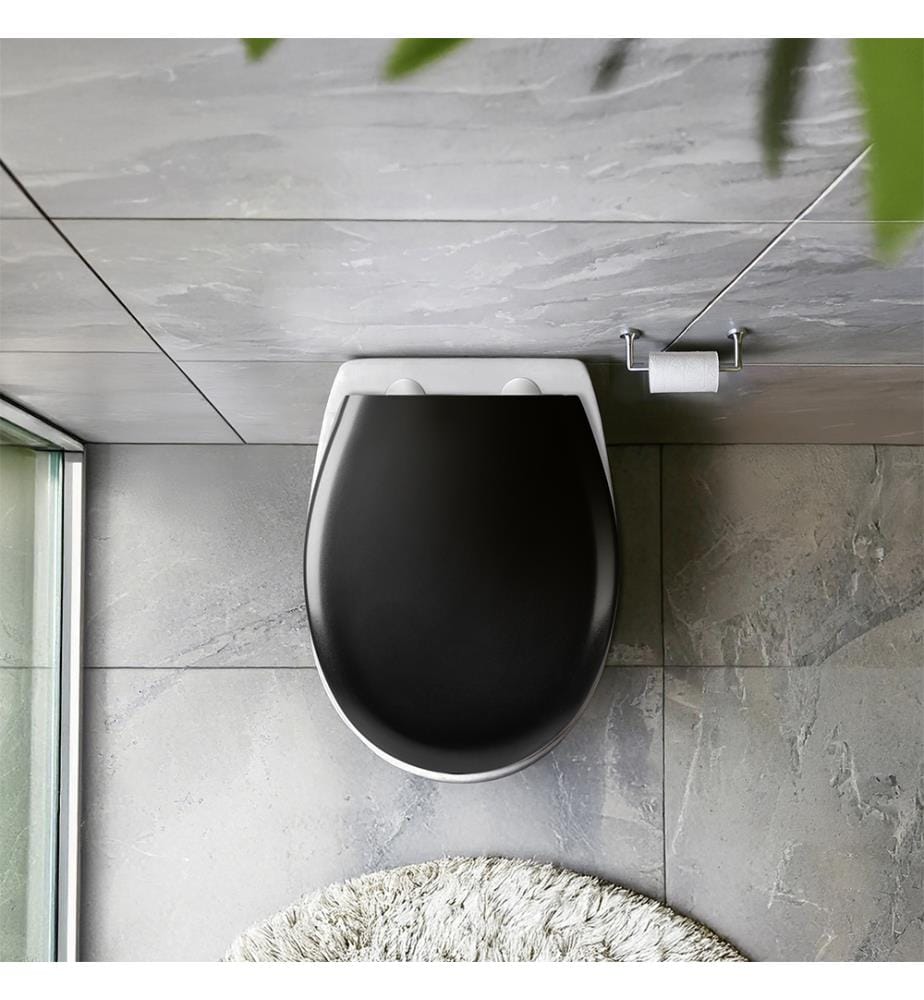 WC seat Mod. Rieti, black, duroplast, Easy Close, stainless steel, includes wall buffer for stability