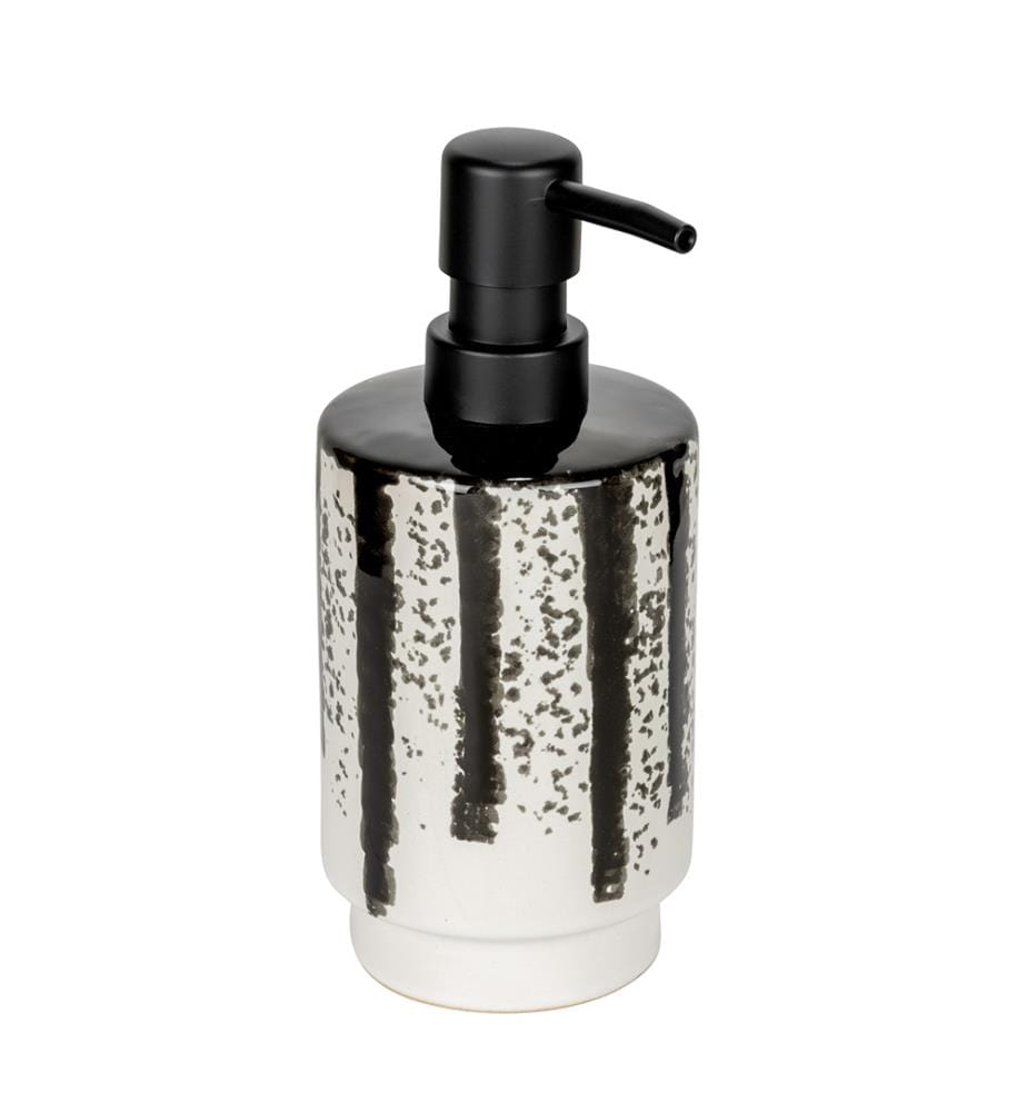 Distributore di sapone Mod. Subiza, bianco/nero, ceramica/plastica, 0,34 l, design moderno dipinto a mano