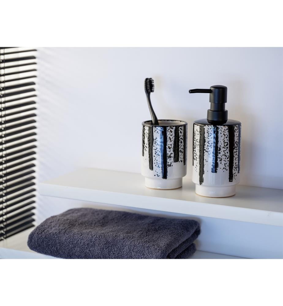 Distributore di sapone Mod. Subiza, bianco/nero, ceramica/plastica, 0,34 l, design moderno dipinto a mano