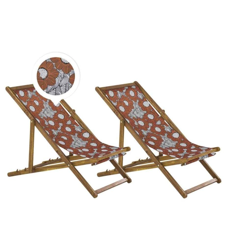 2 Transats Chiliennes Pliantes et Réglables en Bois d'Acacia Clair et Textile Motif Coquelicots Design Intemporel et Moderne