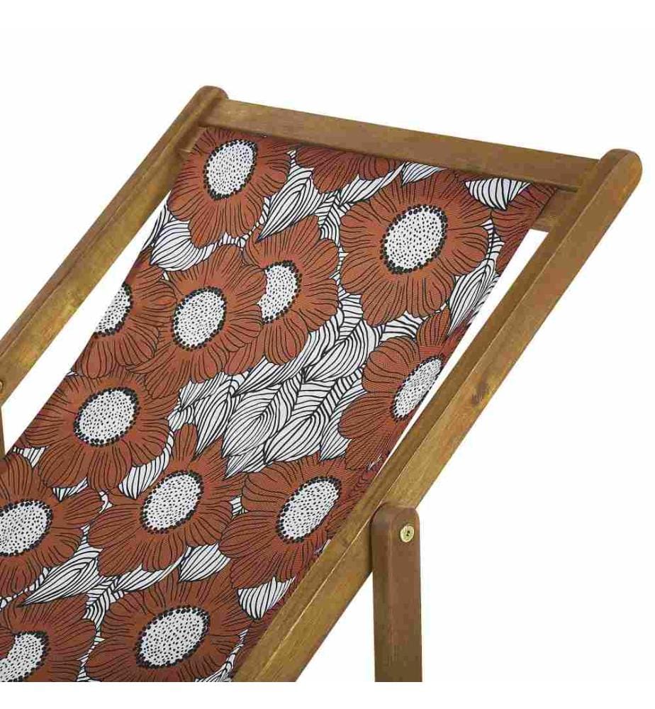 2 Transats Chiliennes Pliantes et Réglables en Bois d'Acacia Clair et Textile Motif Coquelicots Design Intemporel et Moderne