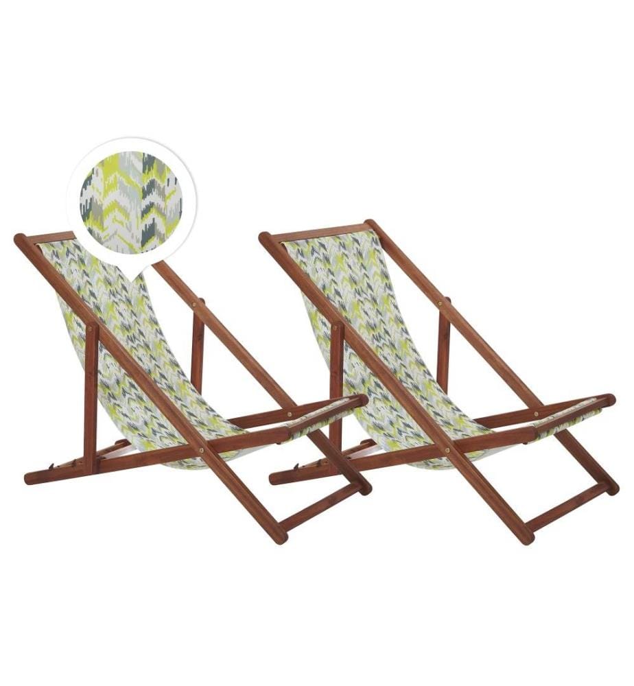 2 Transats Chaises Chiliennes Pliantes et Réglables en Bois d'Acacia Foncé et Tissu Jaune te Gris Résistant et Léger Intemporels et Modernes