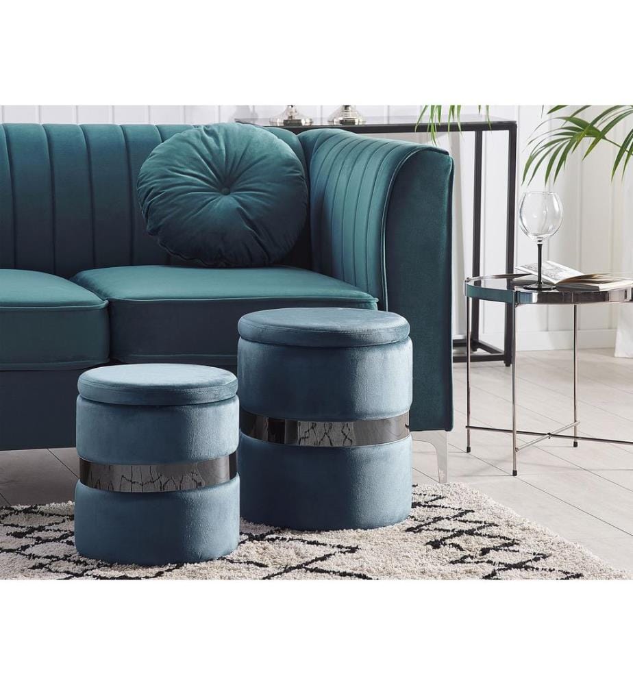 Lot de 2 poufs avec rangement DORIS Velours Bleu 35/30 cm 35/30 cm 44/36 cm