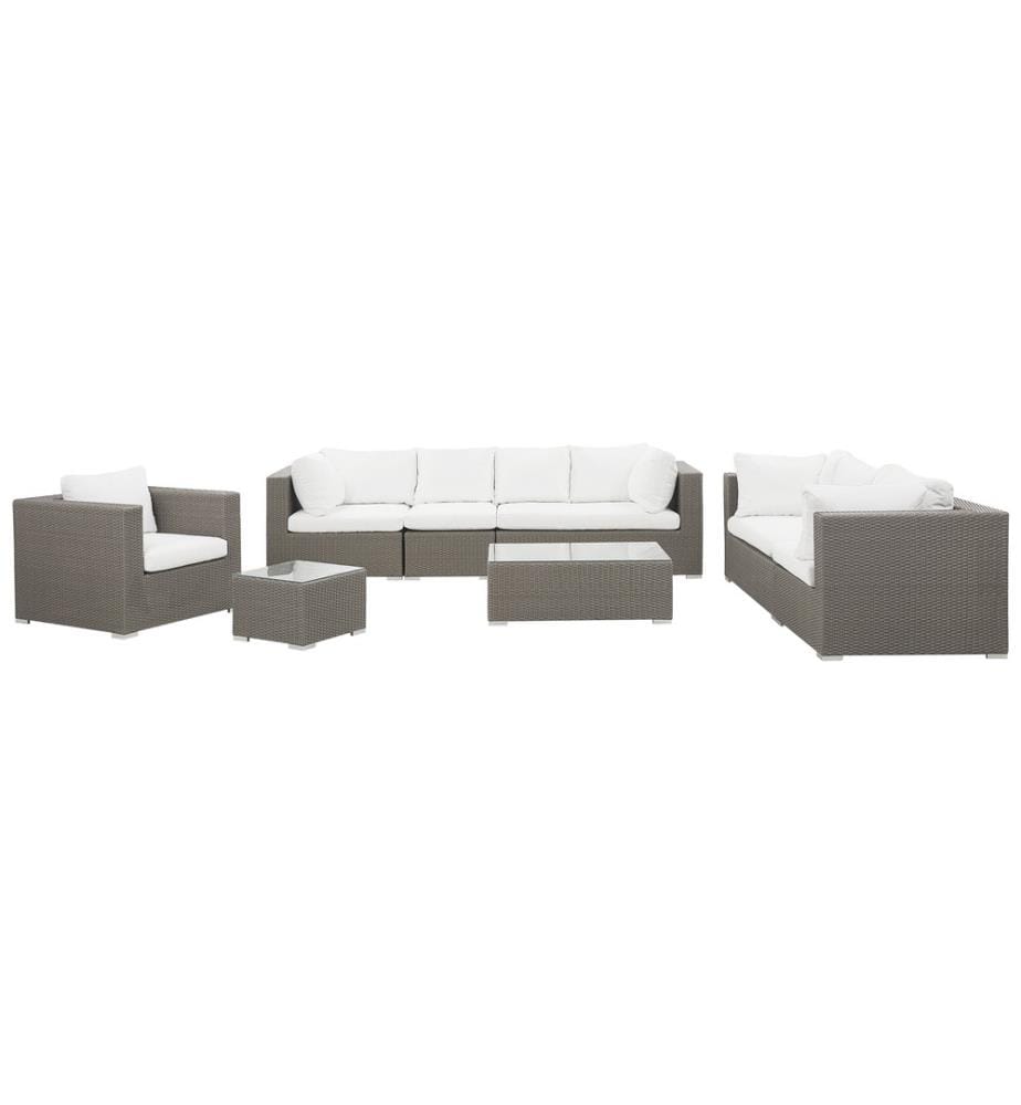 Salon de Jardin Ensemble 2 Canapés Fauteuil et 2 Tables Basses en Rotin Gris Beige avec Coussins en Tissu Blanc Ultra Elégant pour Terrasse