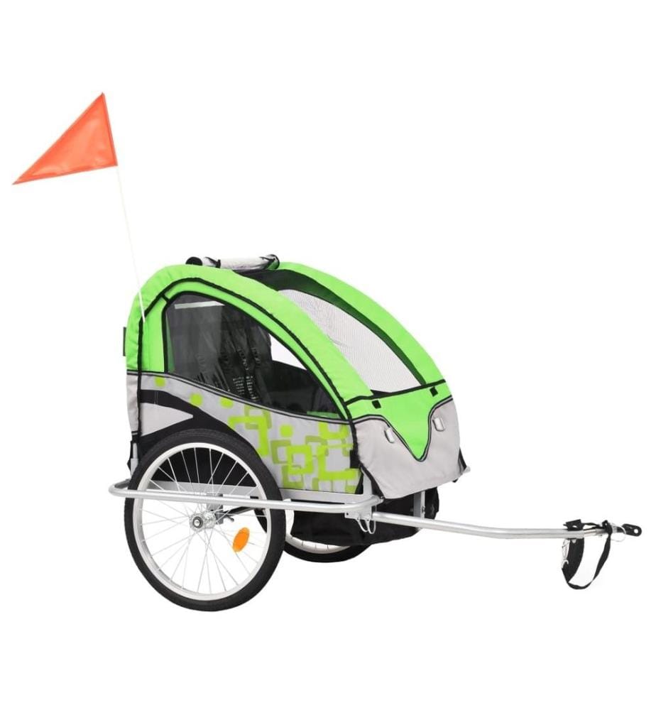 Remorque de vélo et poussette 2-en-1 vert et gris