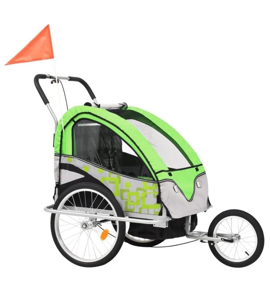 Remorque de vélo et poussette 2-en-1 vert et gris