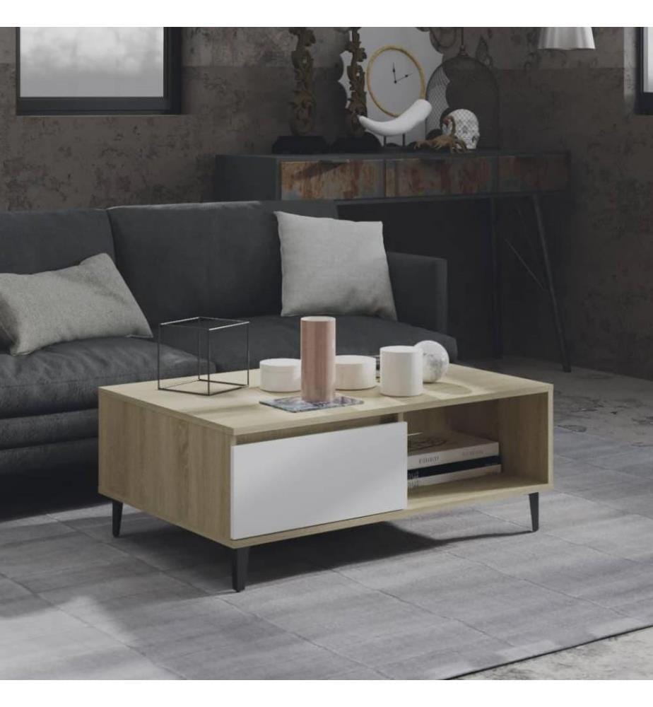 Table basse Blanc et chêne sonoma 90x60x35 cm Aggloméré
