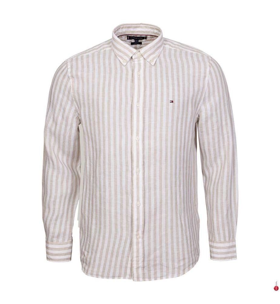 Leinenhemd Essential Stripe - Sandelholz/Optik Weiss
