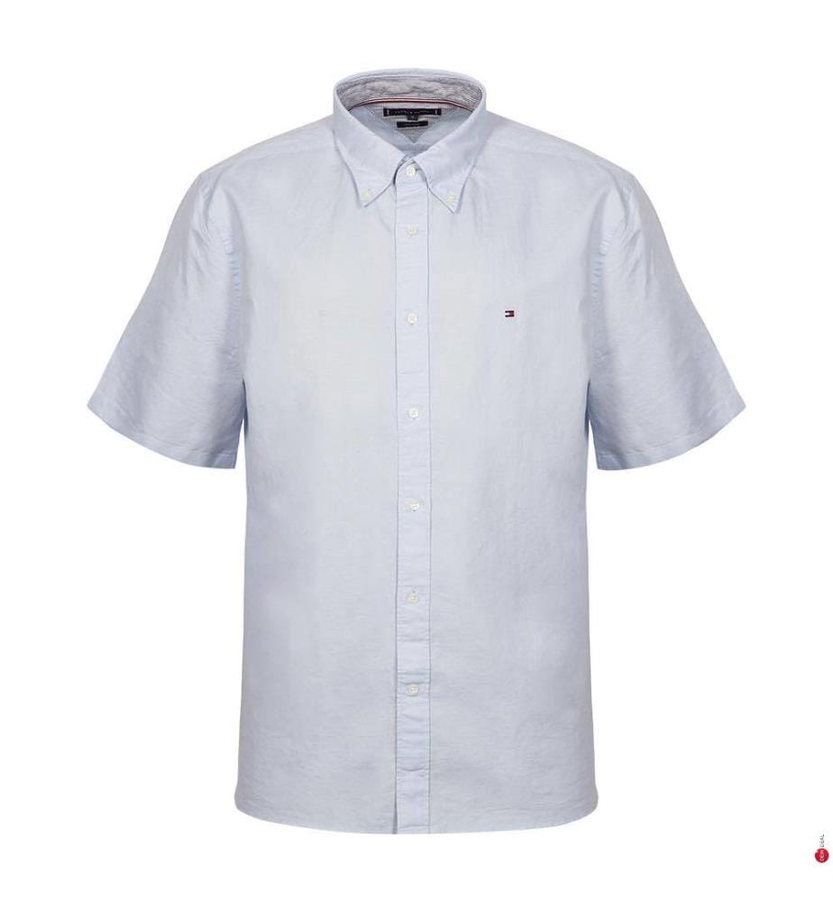 Camicia tinta unita in misto lino - Breezy Blue