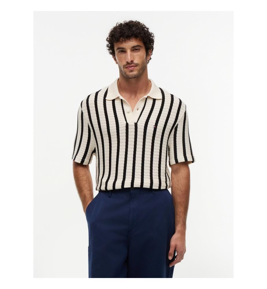 Poloshirt Open-Knit Streifen Klassische Passform - Schwarz