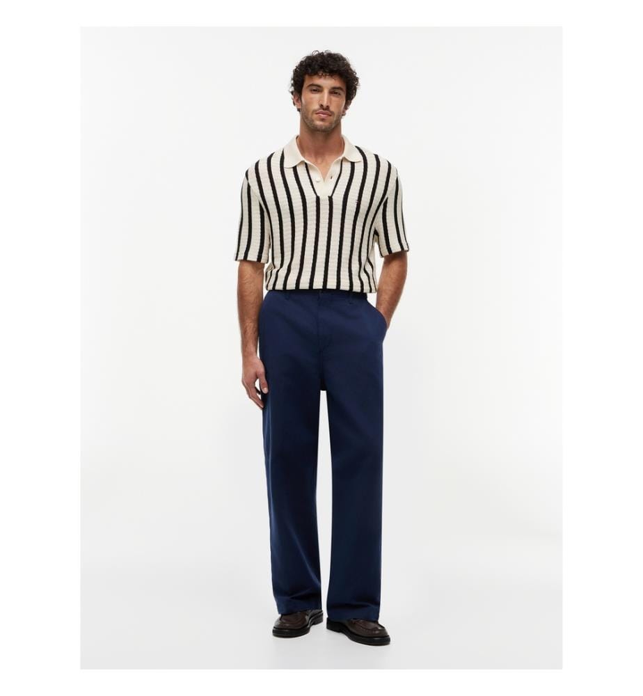 Poloshirt Open-Knit Streifen Klassische Passform - Schwarz