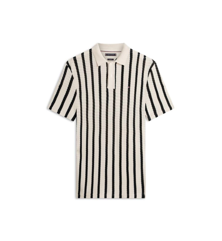Poloshirt Open-Knit Streifen Klassische Passform - Schwarz