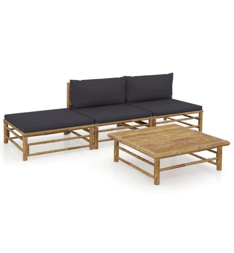 4-tlg. Garten-Lounge-Set mit Dunkelgrauen Kissen Bambus