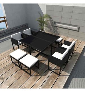 9-tlg. Garten-Essgruppe mit Auflagen Poly Rattan Schwarz