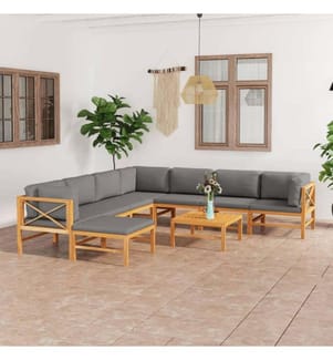 9-tlg. Garten-Lounge-Set mit Grauen Kissen Massivholz Teak