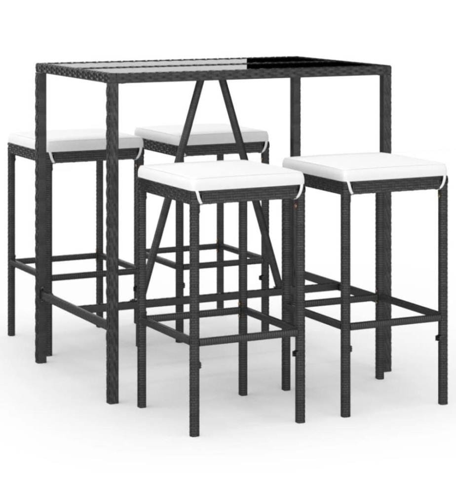 5-tlg. Gartenbar-Set mit Kissen Schwarz Poly Rattan