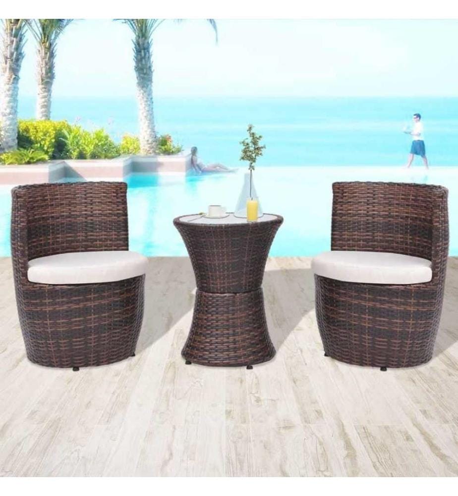 3-tlg. Bistro-Set mit Auflagen Poly Rattan Braun