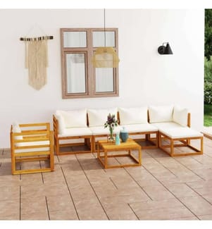 Salon de jardin 7 pcs avec coussin Crème Bois d'acacia solide