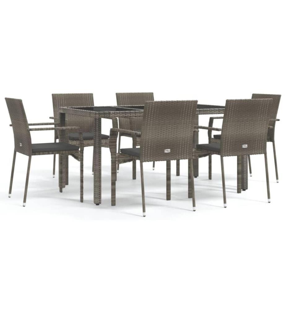 7-tlg. Garten-Essgruppe mit Kissen Grau Poly Rattan