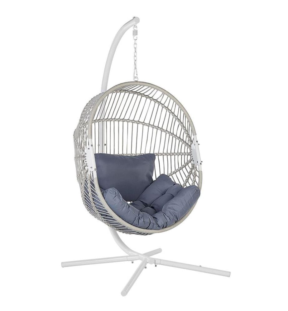 Fauteuil Suspendu Blanc en Polyrotin et Métal Support Debout pour Intérieur et Extérieur Tressé en Forme d'oeuf Style Boho