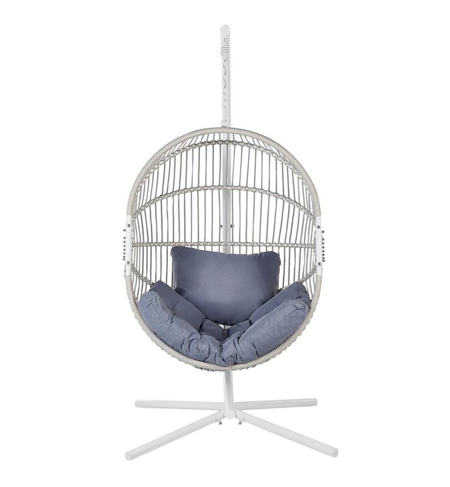 Fauteuil Suspendu Blanc en Polyrotin et Métal Support Debout pour Intérieur et Extérieur Tressé en Forme d'oeuf Style Boho