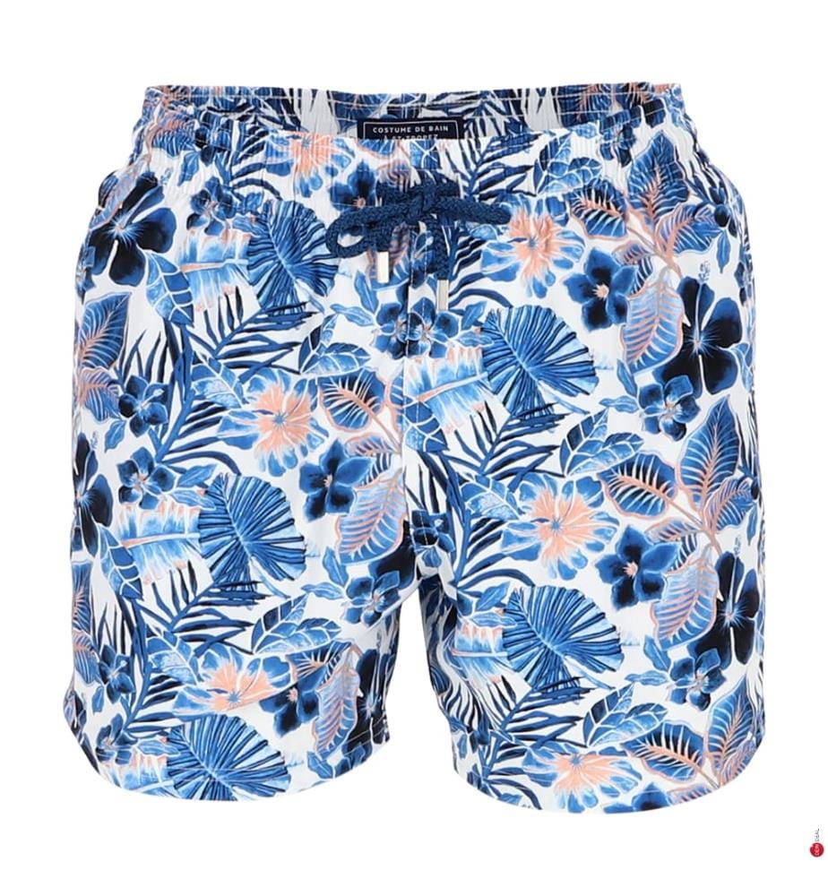 Short de bain court extensible Island Flowers - Blanc & Blanc
