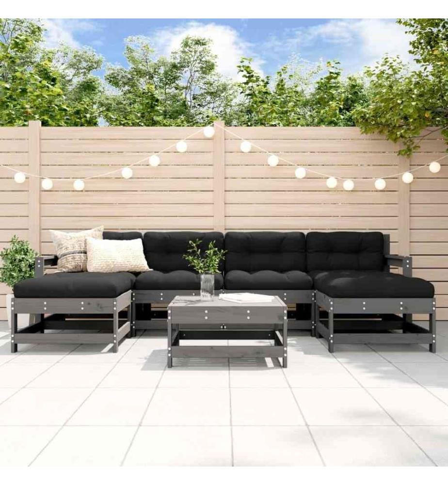 7-tlg. Garten-Lounge-Set mit Kissen Grau Massivholz