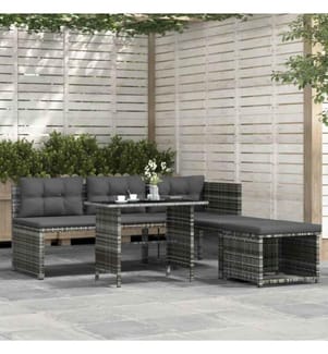 4-tlg. Garten-Essgruppe mit Kissen Grau Poly Rattan