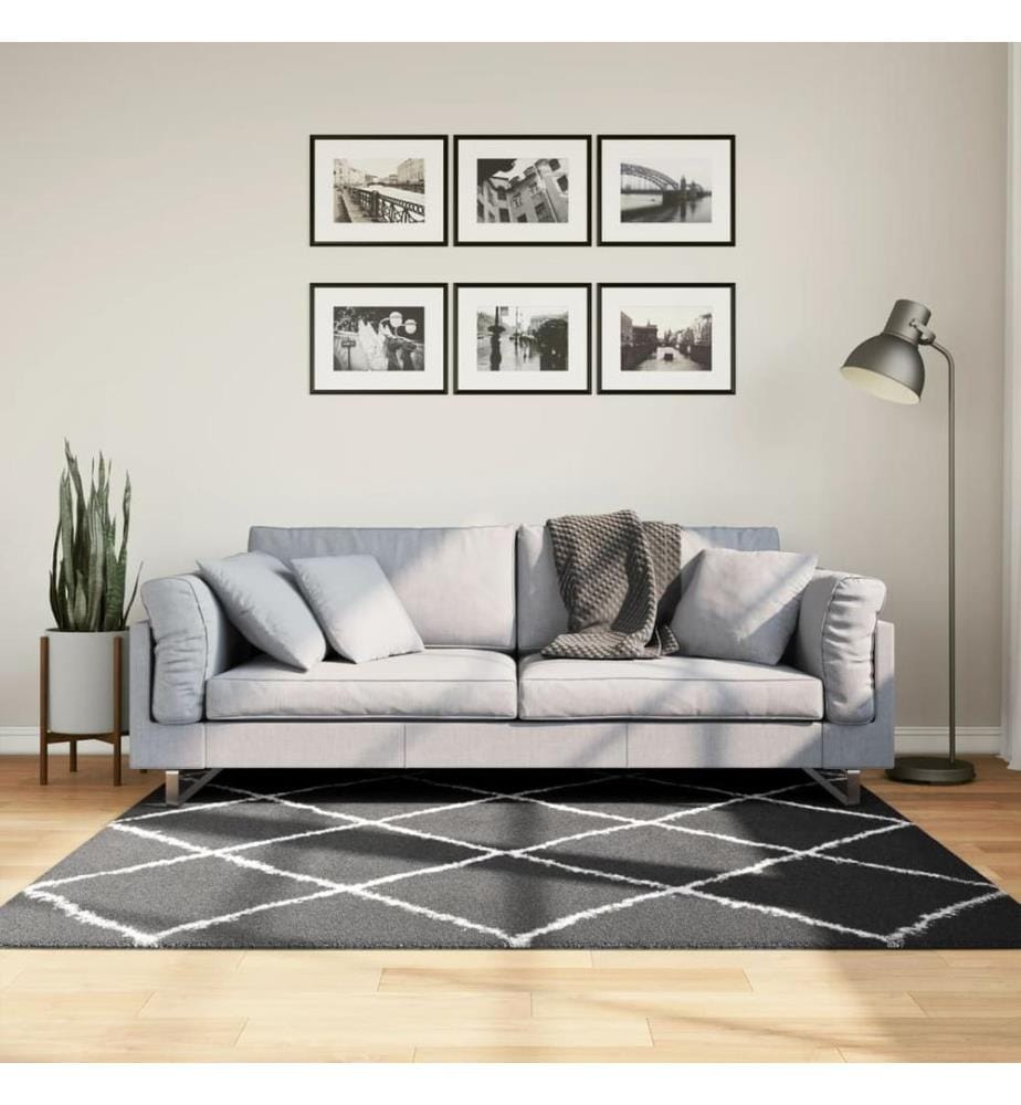 Teppich Shaggy Hochflor Modern Schwarz und Creme 160x160 cm
