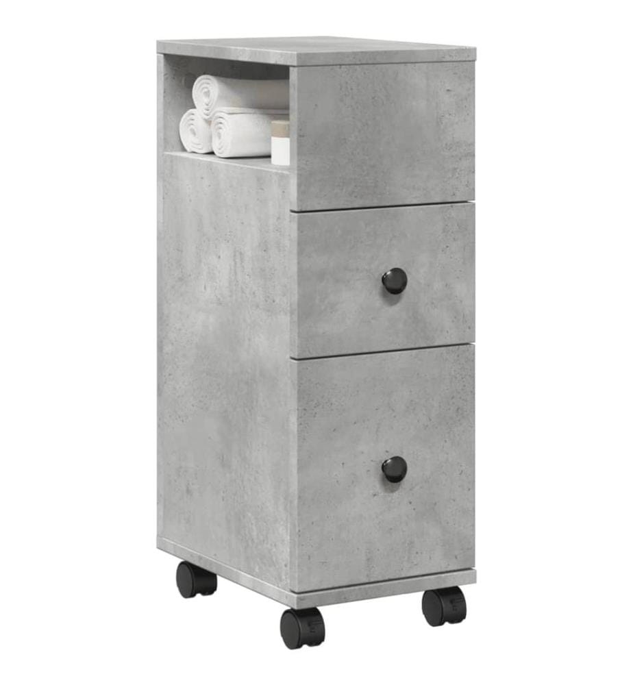Badschrank Schmal mit Rollen Betongrau Holzwerkstoff