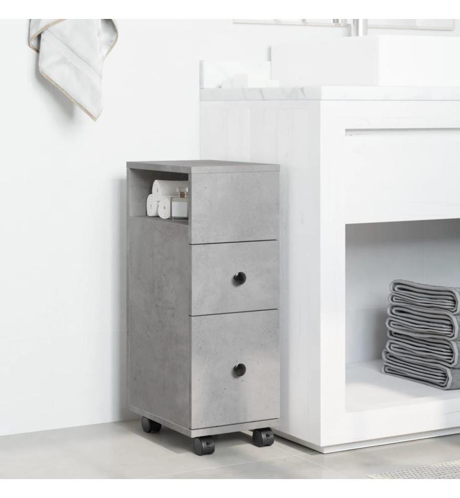 Badschrank Schmal mit Rollen Betongrau Holzwerkstoff