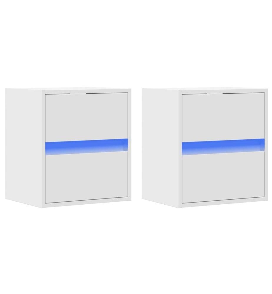 Tables de chevet murales avec lumières LED 2 pcs blanc