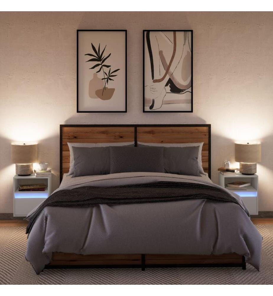 Wand-Nachttische mit LED-Leuchten 2 Stk. Weiss