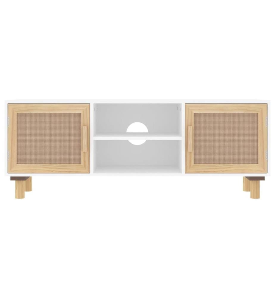 Meuble TV Blanc 105x30x40cm Bois de pin massif et rotin naturel