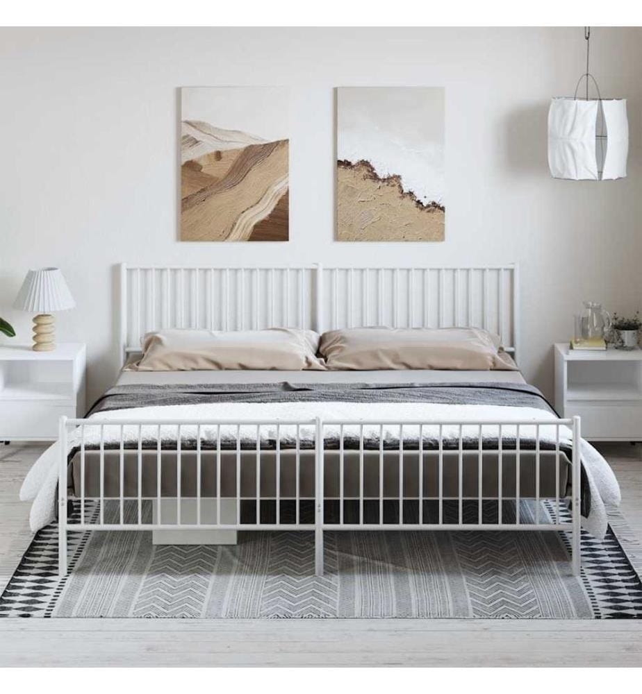 Cadre de lit métal sans matelas et pied de lit blanc 193x203 cm