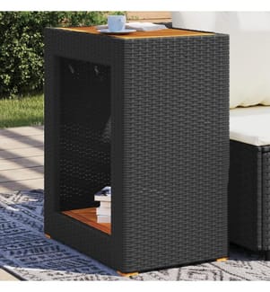 Garten-Beistelltisch mit Holzplatte Schwarz Poly Rattan