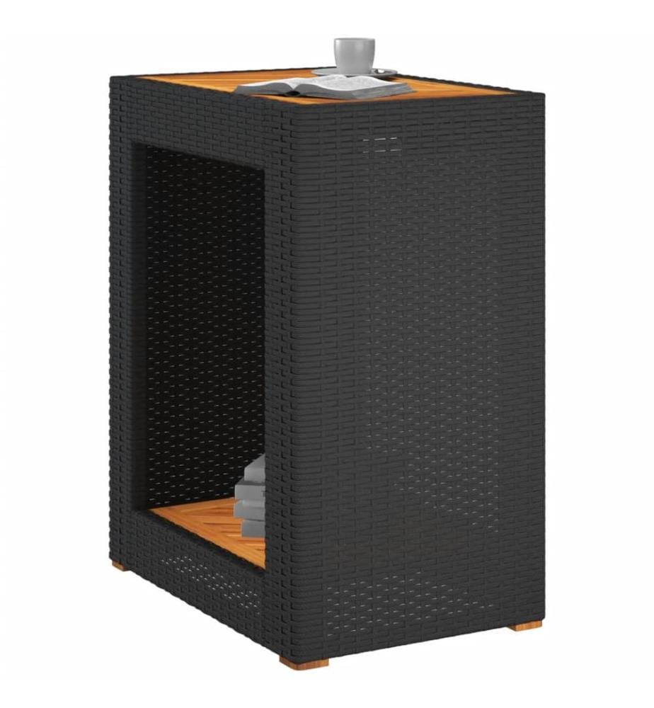 Garten-Beistelltisch mit Holzplatte Schwarz Poly Rattan