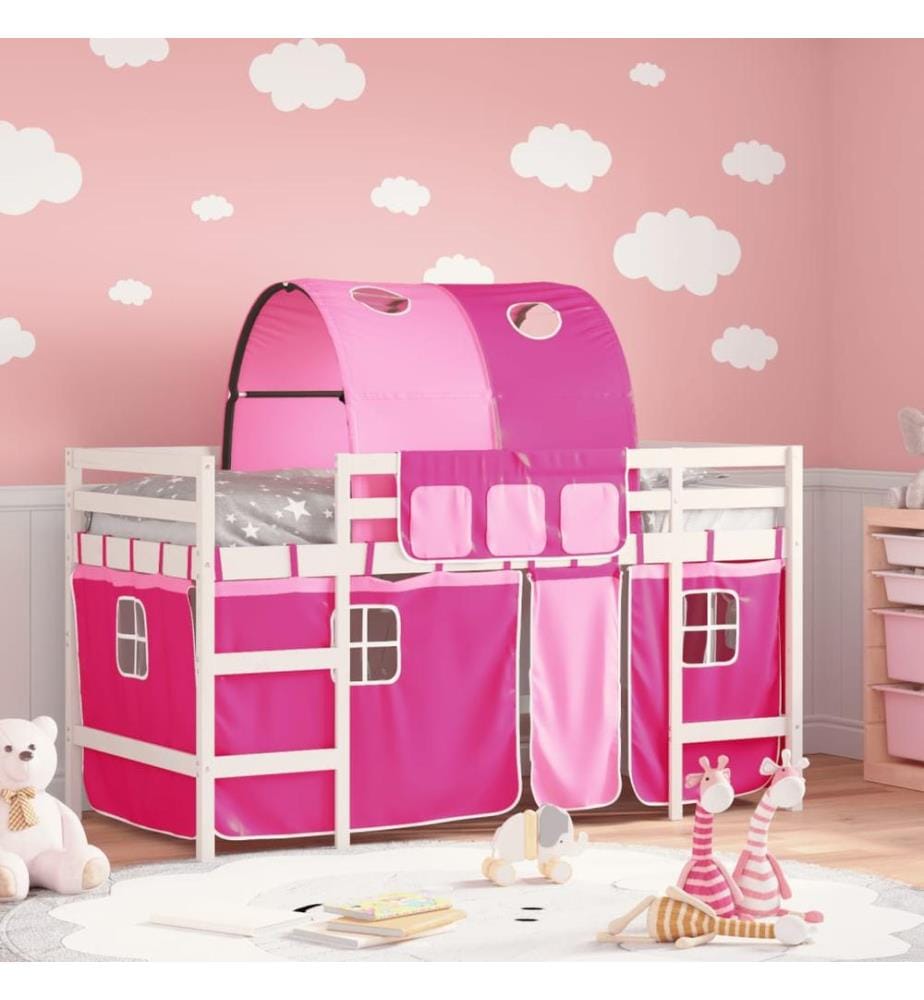 Lit mezzanine enfants avec tunnel sans matelas rose 90x200 cm