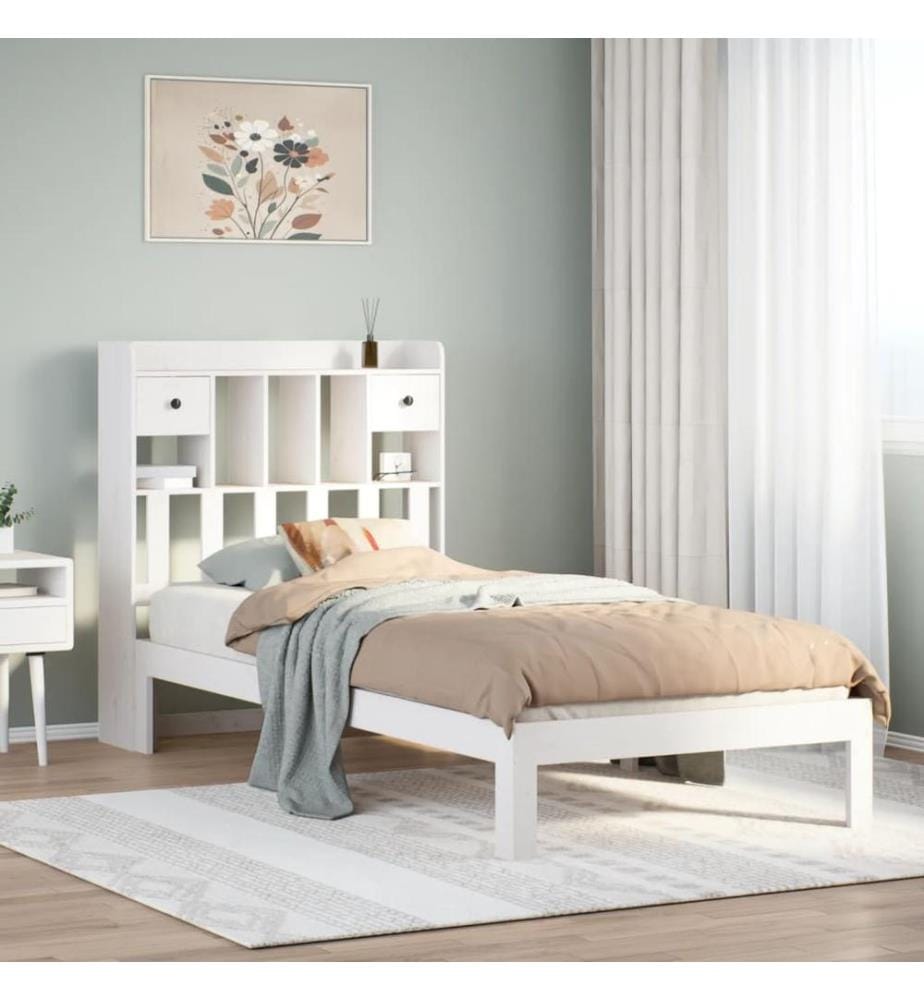 Lit bibliothèque sans matelas blanc 90x200cm bois de pin massif