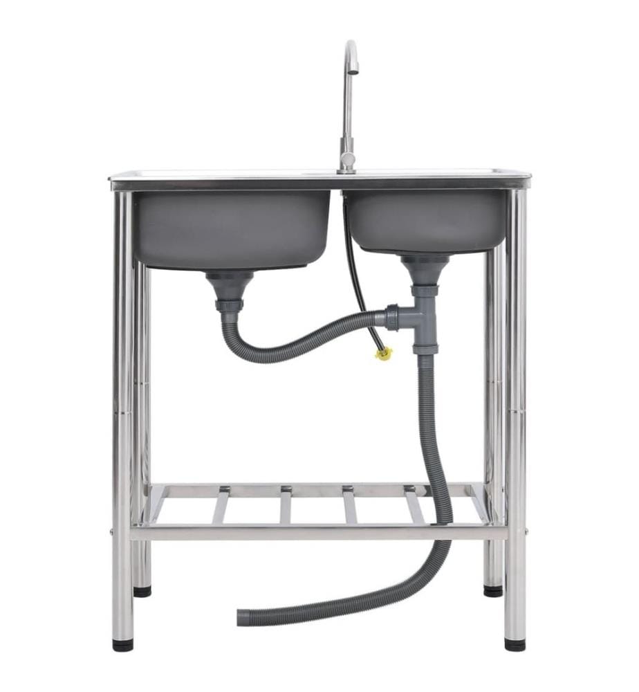 Évier de camping Double lavabo avec robinet Acier inoxydable