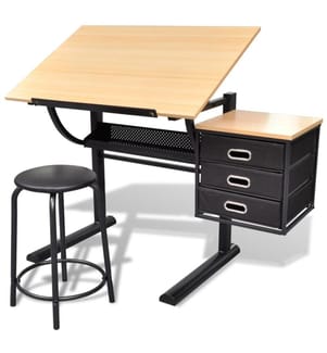 Zeichentisch mit neigbarer Tischplatte 3 Schubladen und Hocker