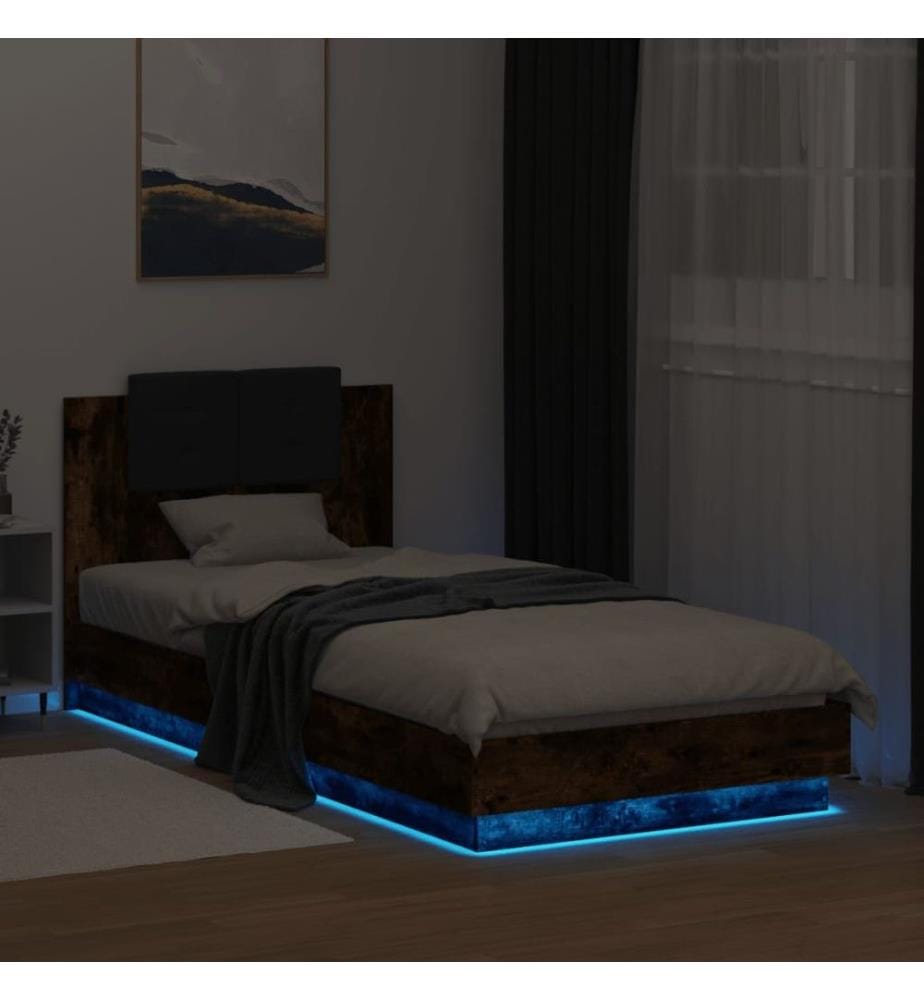 Bettgestell mit Kopfteil und LED-Leuchten Räuchereiche 90x200cm