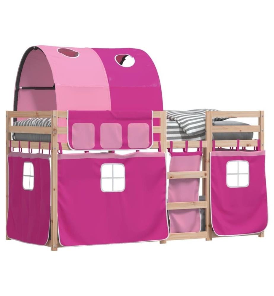 Lit superposé avec rideaux rose 90x190 cm bois pin massif