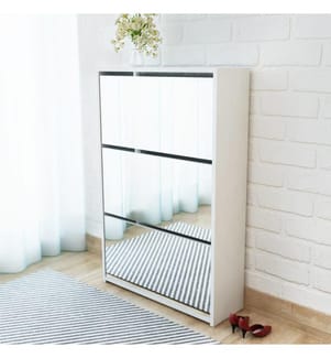 Schuhschrank mit 3 Fächern Spiegel Weiss 63x17x102,5 cm