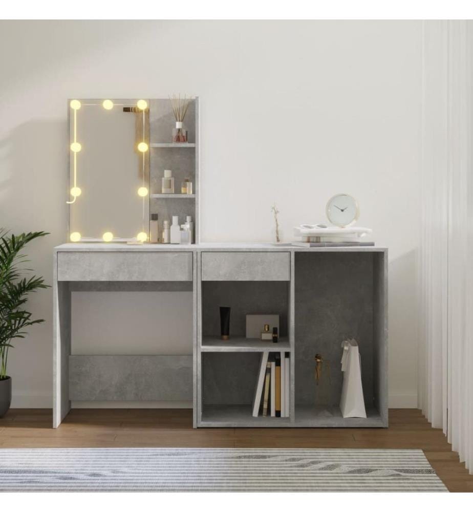 Coiffeuse à LED avec armoire Gris béton Bois d'ingénierie