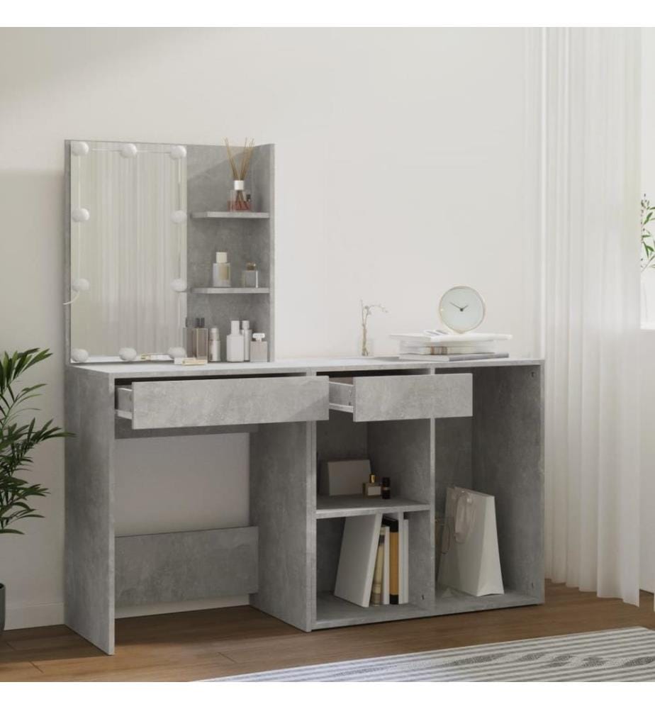 Coiffeuse à LED avec armoire Gris béton Bois d'ingénierie